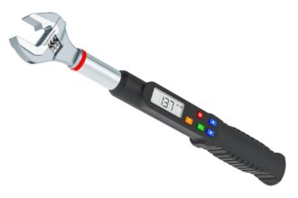 Hyper-realistic digital torque wrench on a polished workbench, glowing in a dim garage.