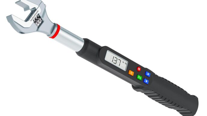 Hyper-realistic digital torque wrench on a polished workbench, glowing in a dim garage.