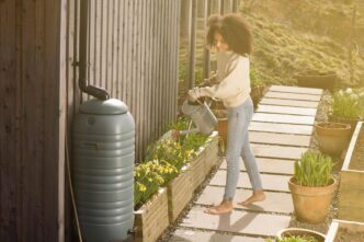 Rainwater harvesting system in a vibrant garden with flowers and sunlight.